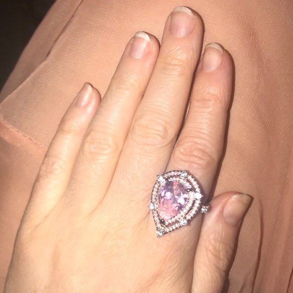 DOUBLE HALO PEAR CUT PINK STERLING SILVER RING - Picture 6 of 8